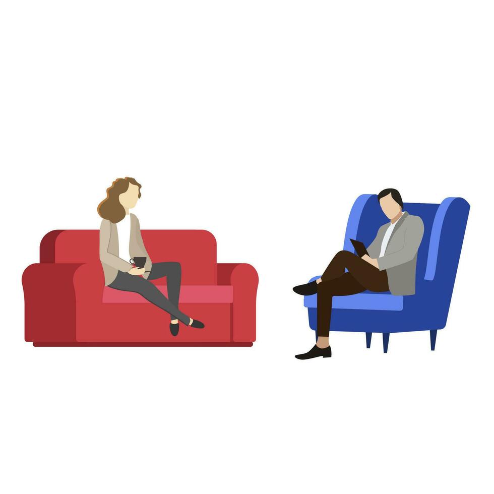 Rezeption mit Psychologe. Vektor Individuell Psychotherapie, Therapie Arzt, lösen psychologisch Problem, Psychotherapeut Beratung Illustration, mental Problem und Verstand Hilfe