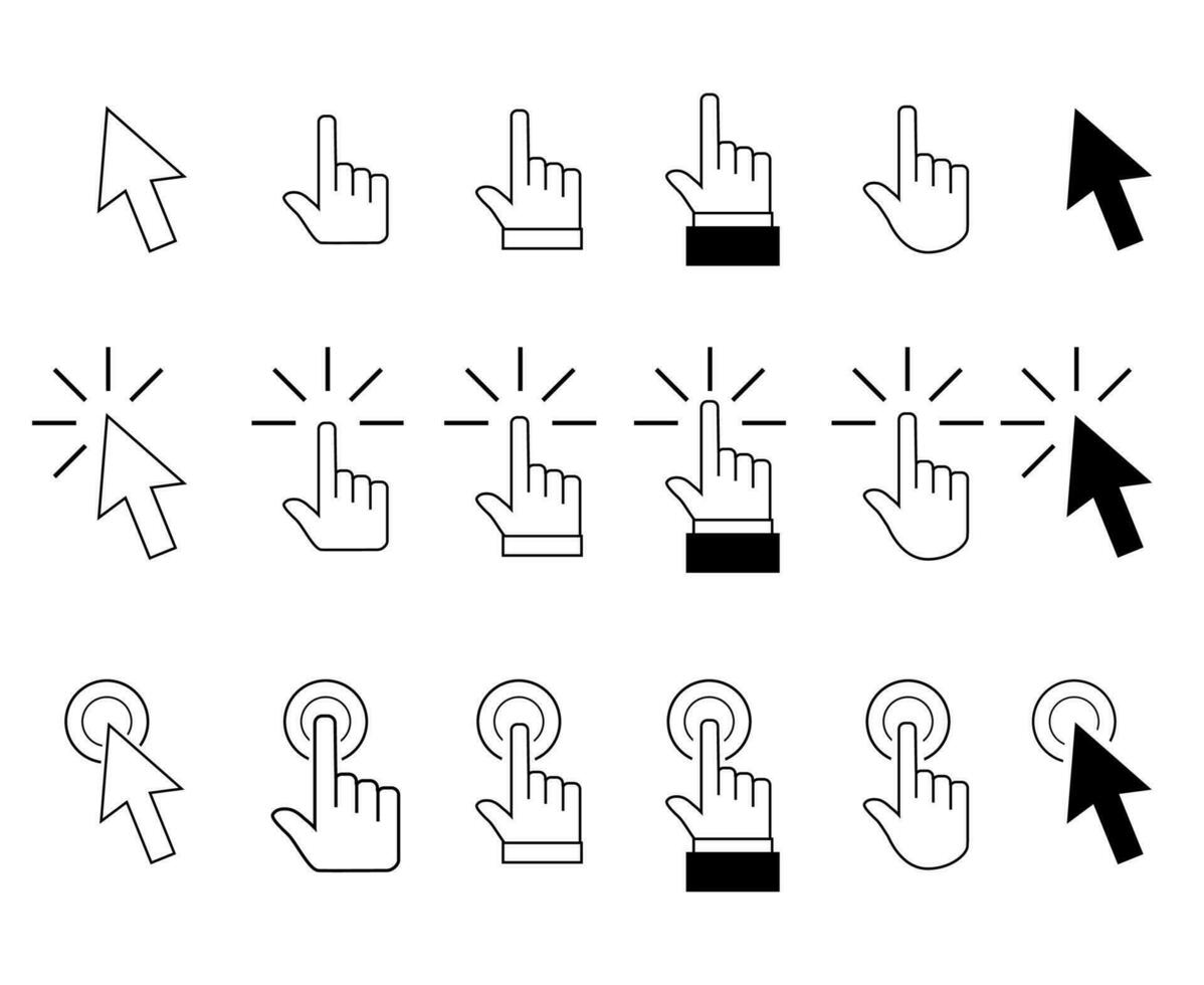 Zeiger Mauszeiger Pfeile und Hand klicken. Vektor Symbol Pfeil zeigen und Auswahl Richtung, wählen und Drücken Sie Punkt Illustration