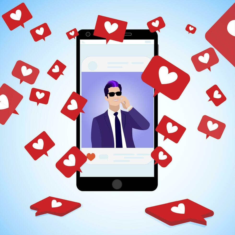 känd bloggare posta, samla social ikoner röd hjärtan, kommunikation uppkopplad använder sig av social media, stilig man sida populär fånga popularitet. vektor illustration
