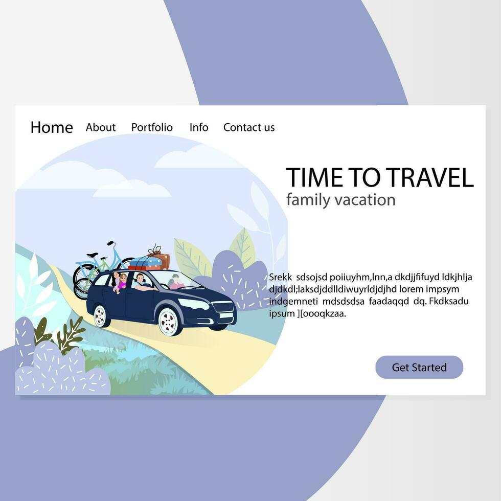 Zeit zu Familie Reise. Agentur Landung Buchseite. Vektor Website Auto mit Gepäck, Reise Transport aktiv Illustration