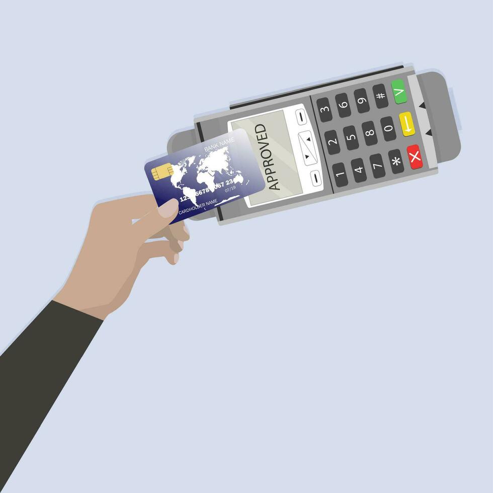 betalande kreditera kort kontaktlös terminal. vektor trådlös bank transaktion uppkopplad, finansiell tillgång lönekort illustration