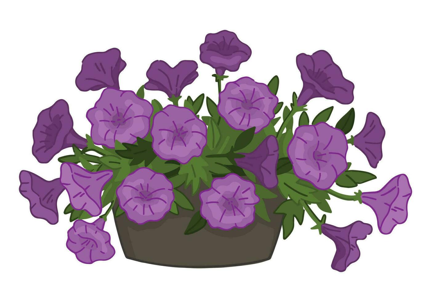 Gekritzel von Petunien im ein Topf. Frühling Zeit Blume Clip Art. Karikatur Vektor Illustration isoliert auf Weiß Hintergrund.
