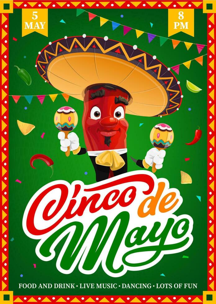 mexikansk cinco de mayo flygblad med chili karaktär vektor