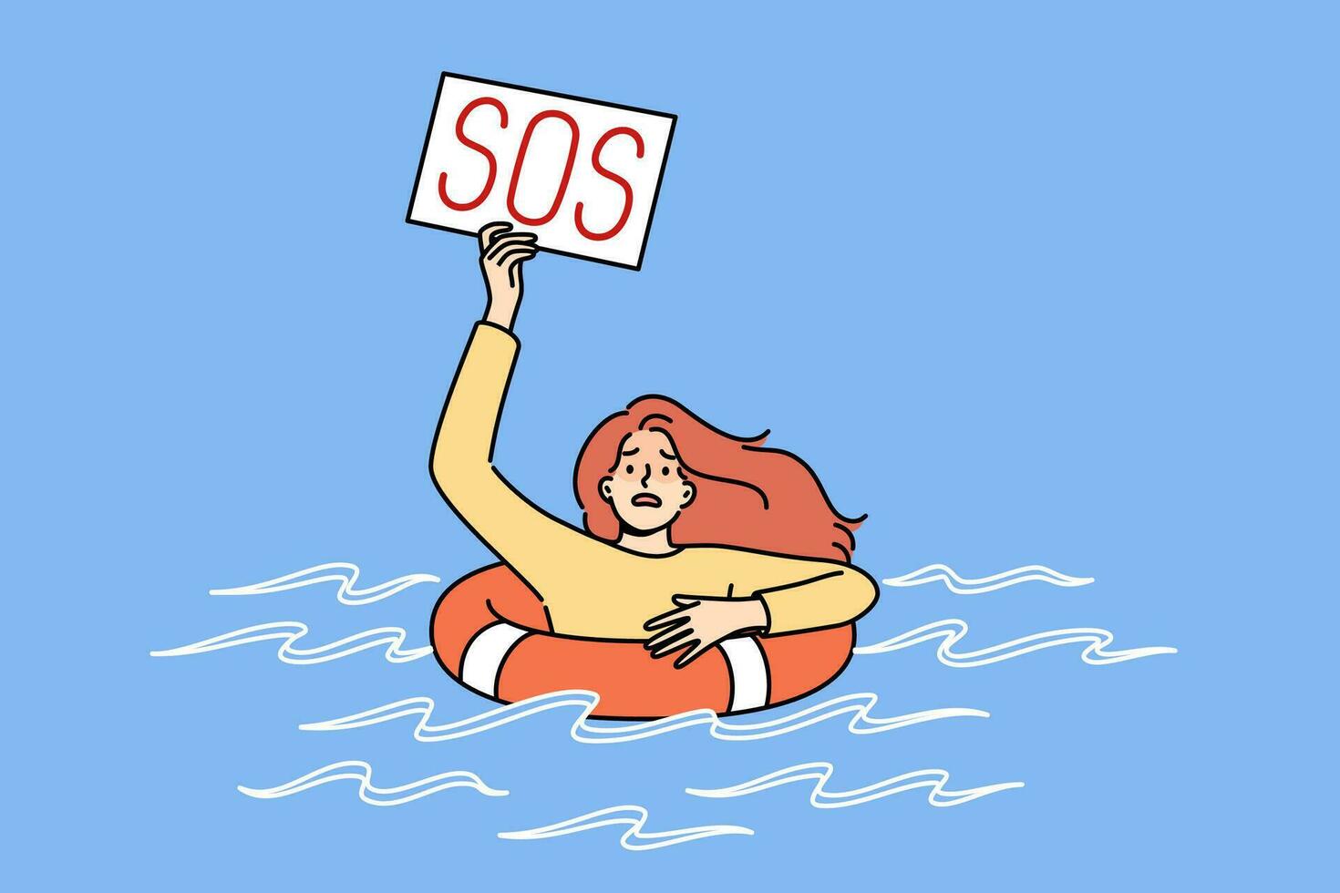Ertrinken Frau mit SOS Zeichen Verwendet Rettungsring, schwebend im Wasser nach fallen über Bord Schiff vektor