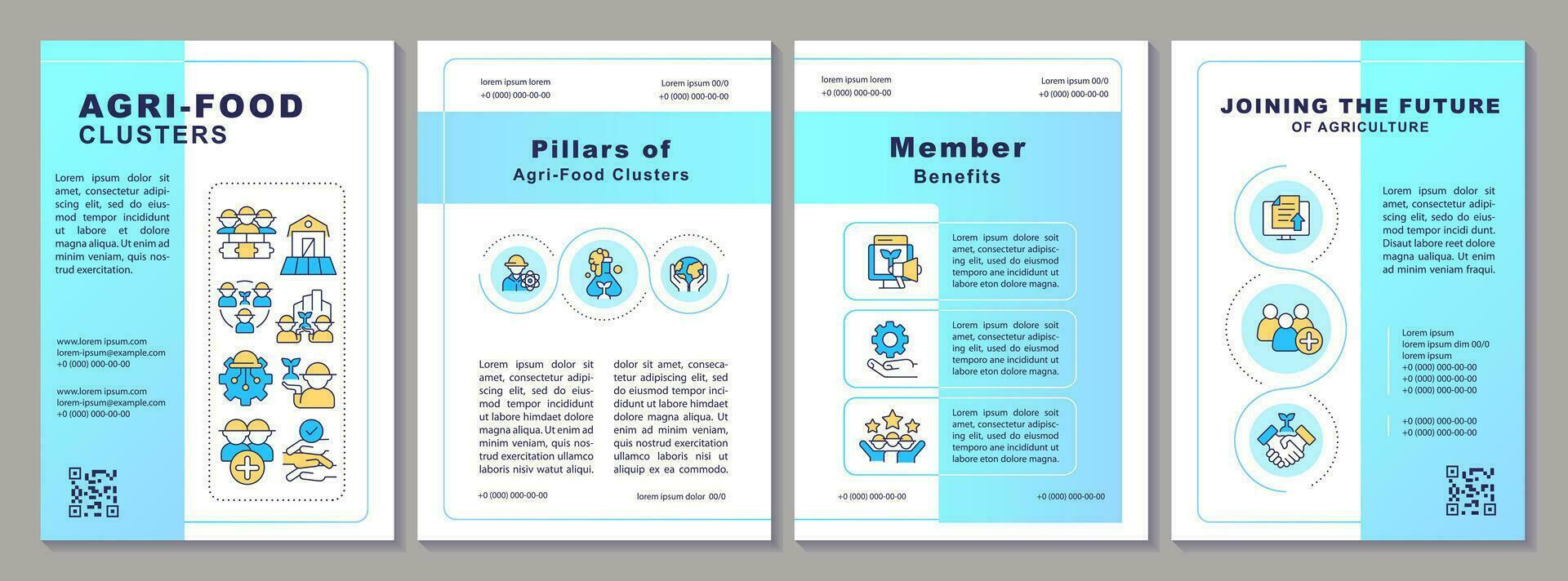 2d Jordbruksmat kluster kreativ broschyr mall, folder design med tunn linje ikoner, 4 vektor layouter.