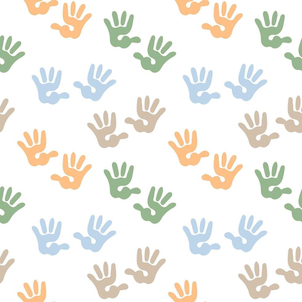 nahtlos Muster, Kinder- Handabdrücke auf ein Weiß Hintergrund. Hintergrund, drucken, Textil, Vektor
