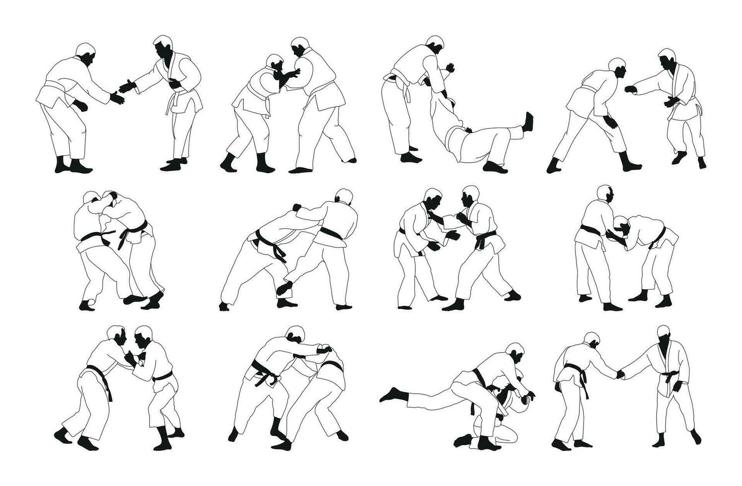 samling av judoka silhuetter, isolerat vektor
