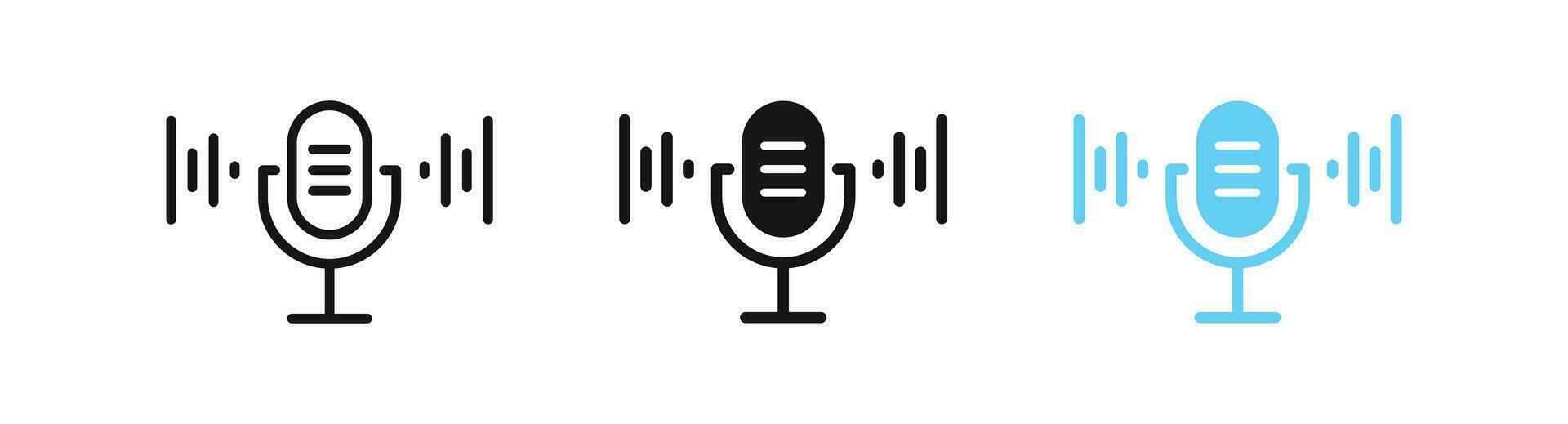 Mikrofon Welle Symbol. Klang Symbol. mic Rede Zeichen. Radio, Audio, Podcast Symbole. Lautsprecher, Vokal Symbole. Schwarz, Blau Farbe. Vektor unterzeichnen.