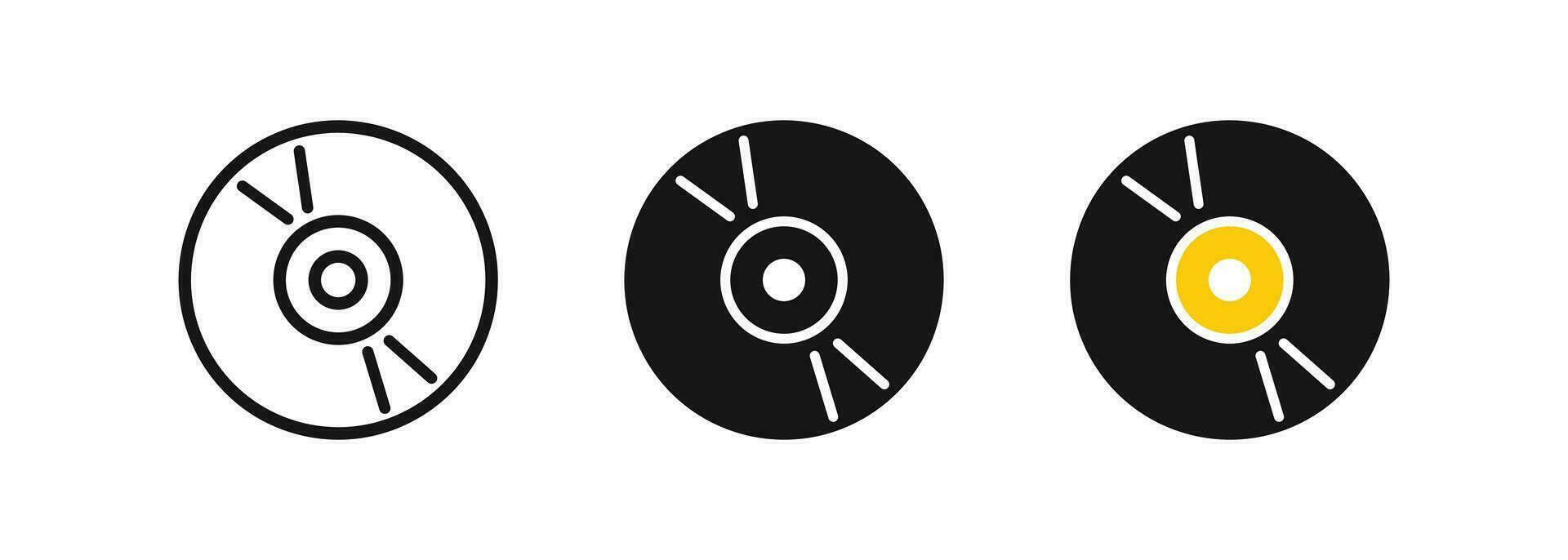 vinyl skiva ikon. kompakt disk symbol. spela in musik tecken. skivspelare symboler. retro album ikoner. svart, gul Färg. vektor tecken.