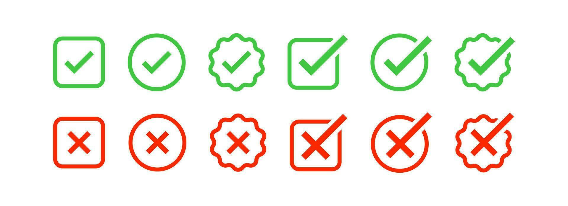 kolla upp mark ikon. fel symbol. korrekt i kryssruta tecken. x element symboler. Avbryt, acceptera i cirkel ikoner. grön, blå Färg. vektor tecken.