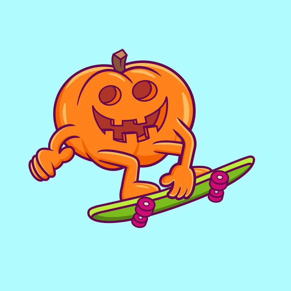 Kürbis spielt Skateboard-Cartoon-Vektor-Illustration. Halloween-Konzept isolierter Vektor. vektor