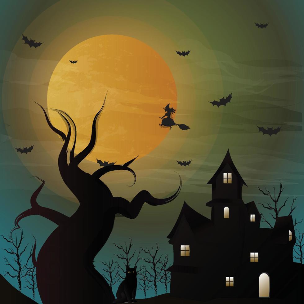 halloween natt bakgrund. häxa som flyger på en kvaststick på bakgrunden av en fullmåne över slottet. vektor illustration