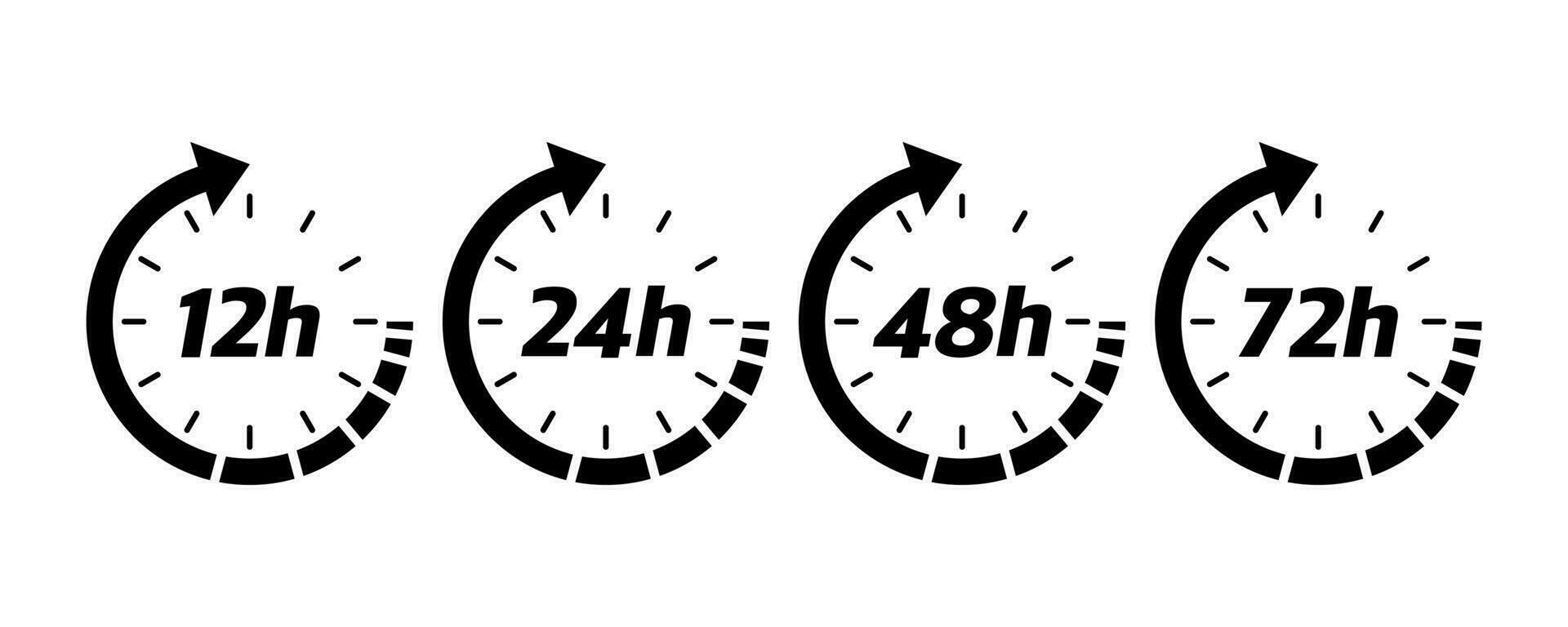 12, 24, 48 und 72 Std Uhr Pfeil. Vektor Arbeit Zeit bewirken oder Lieferung Bedienung Zeit Symbole. Vektor Illustration