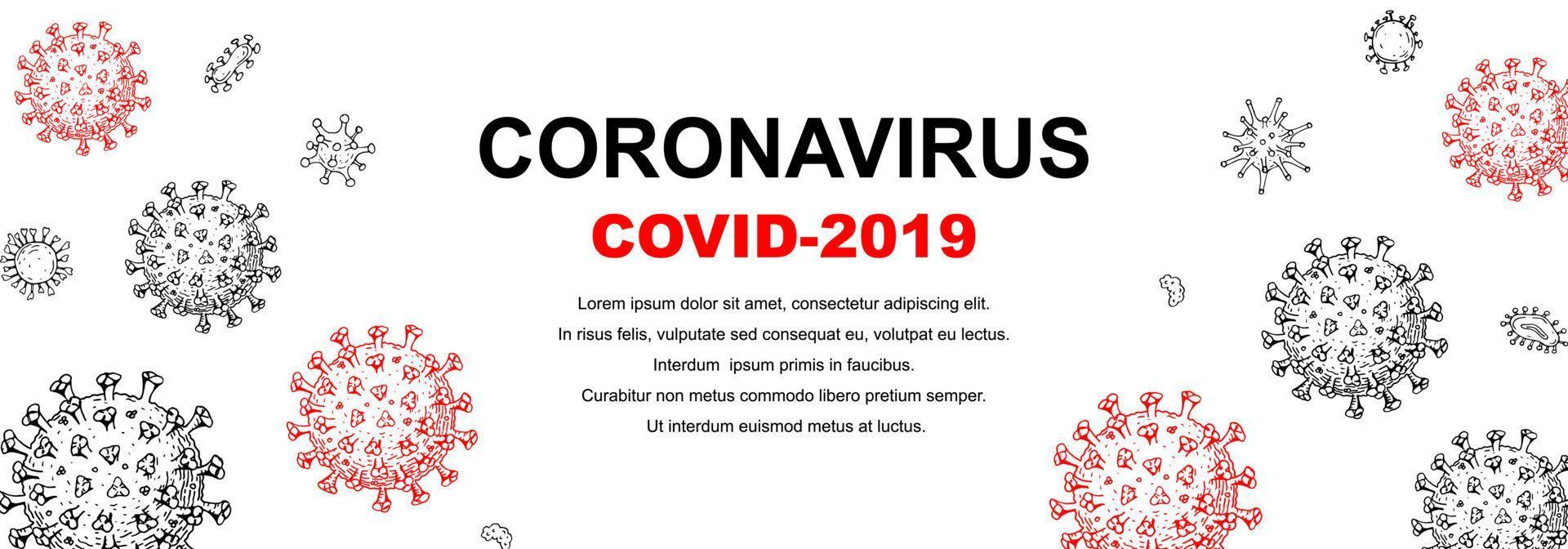 horisontell coronavirus -banner med handritade designelement. mikroskopvirus på nära håll. vektor illustration i skiss stil. covid-2019