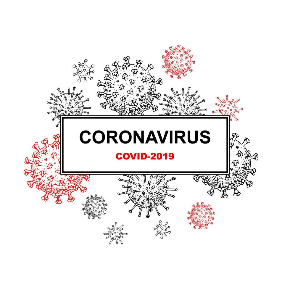 Coronavirus-Konzept mit handgezeichneten Designelementen. Mikroskop-Virus hautnah. Vektorillustration im Skizzenstil. covid-2019 vektor