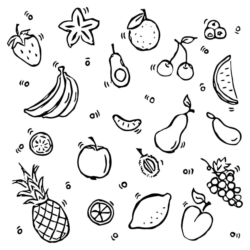 Vektor-Icons mit Früchten. Gekritzelvektor mit Fruchtikonen auf weißem Hintergrund. Vintage vegetarische Symbole, süße Elemente Hintergrund für Ihr Projekt, Menü, Café-Shop. vektor