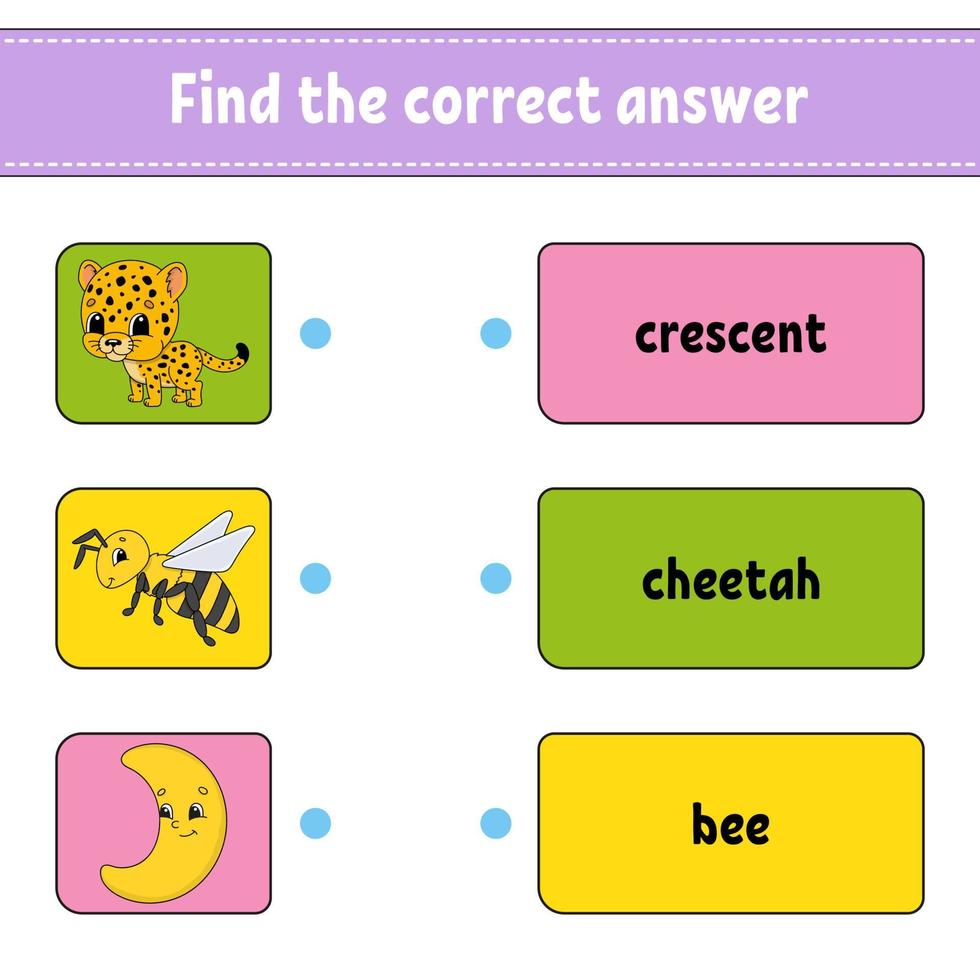 die richtige Antwort finden. zeichne eine Linie. Wörter lernen. Arbeitsblatt zur Bildungsentwicklung. Aktivitätsseite für Englisch lernen. Spiel für Kinder. lustiger Charakter. isolierte Vektor-Illustration. Cartoon-Stil. vektor