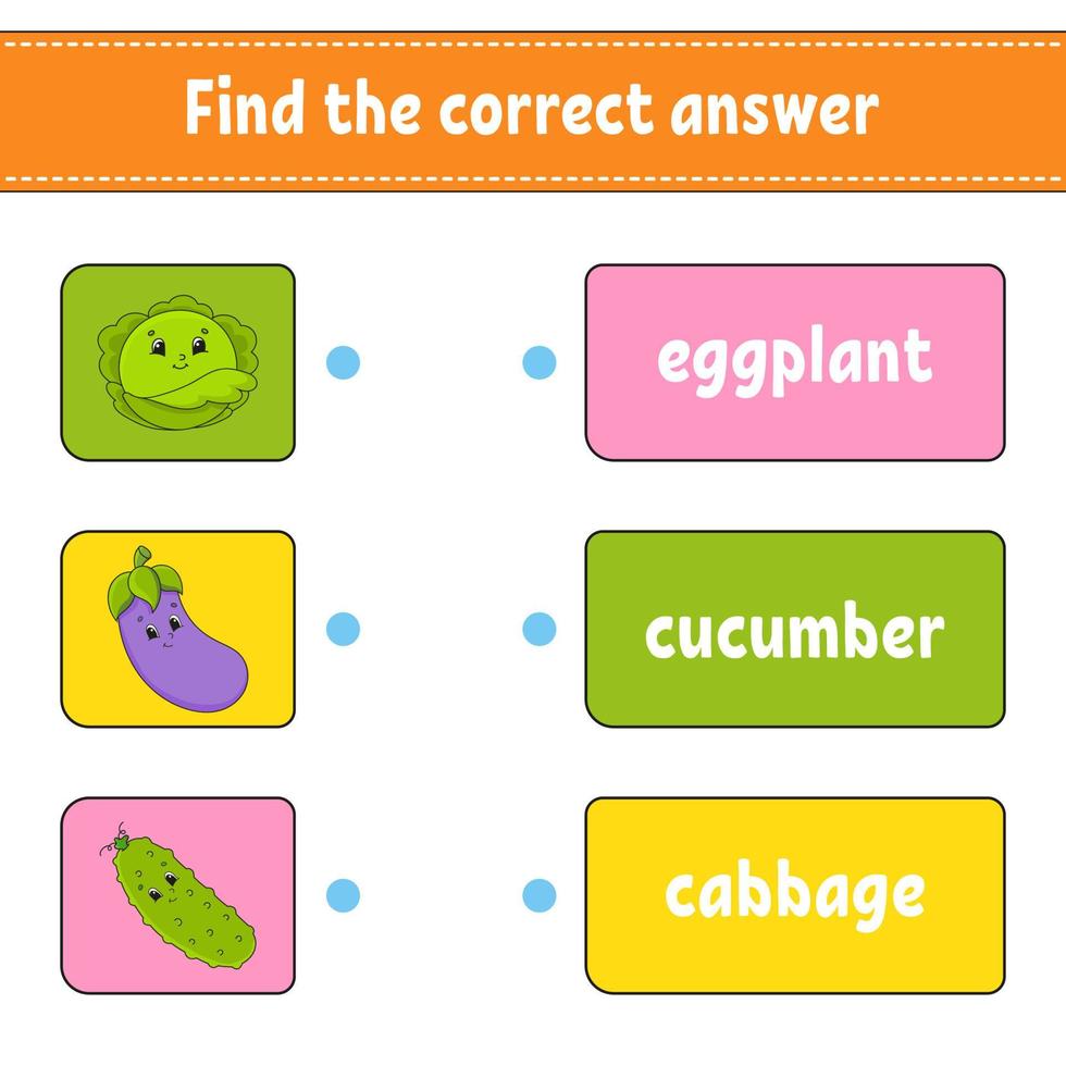 die richtige Antwort finden. zeichne eine Linie. Wörter lernen. Arbeitsblatt zur Bildungsentwicklung. Aktivitätsseite für Englisch lernen. Spiel für Kinder. lustiger Charakter. isolierte Vektor-Illustration. Cartoon-Stil. vektor