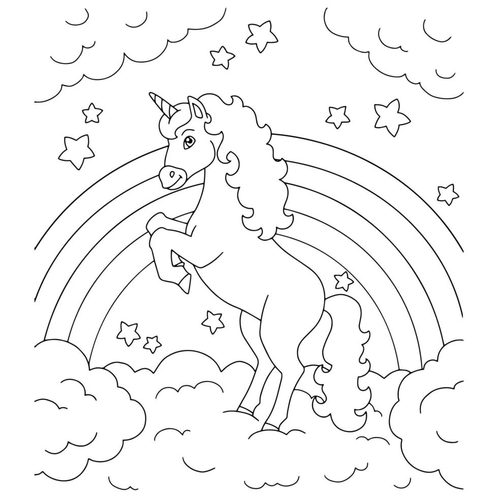 enhörning på ett moln. målarbok för barn. tecknad stil karaktär. vektor illustration isolerad på vit bakgrund.
