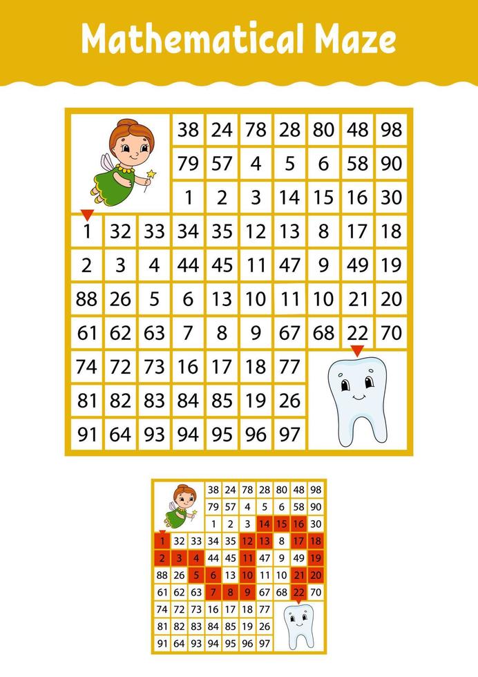 mathematisches Labyrinth. Spiel für Kinder. lustiges Labyrinth. Arbeitsblatt zur Bildungsentwicklung. Aktivitätsseite. Puzzle für Kinder. Cartoon-Stil. Rätsel für die Vorschule. Farbvektorillustration vektor