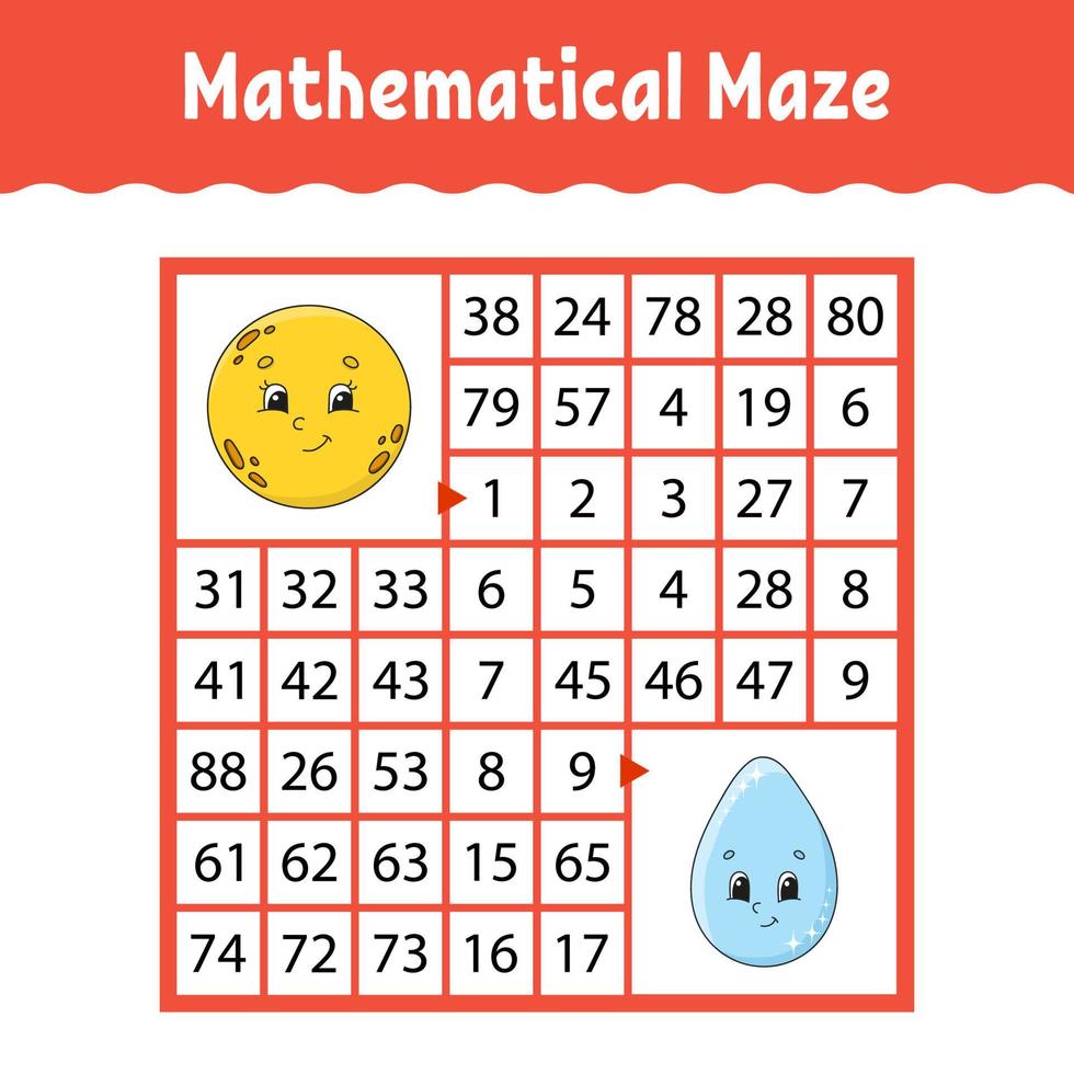 mathematisches farbiges quadratisches Labyrinth. Arbeitsblatt zur Bildungsentwicklung. Spiel für Kinder. Puzzle für Kinder. das Studium der Zahlen. Labyrinth Rätsel. flache Vektorillustration isoliert auf weißem Hintergrund vektor