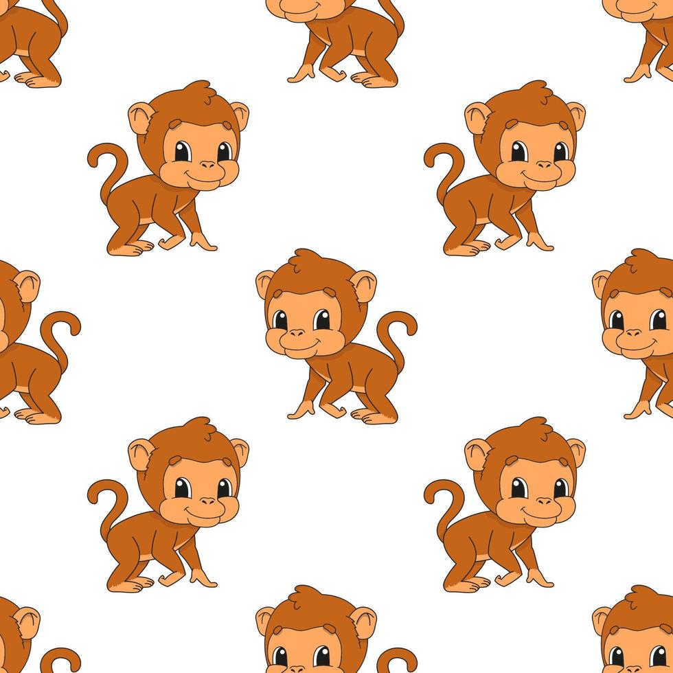glücklicher Affe. farbiges nahtloses Muster mit niedlicher Zeichentrickfigur. einfache flache Vektorillustration lokalisiert auf weißem Hintergrund. Designtapeten, Stoffe, Geschenkpapier, Cover, Websites. vektor