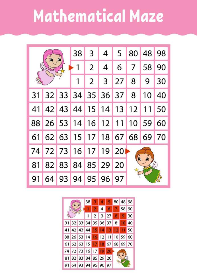 mathematisches Labyrinth. Spiel für Kinder. lustiges Labyrinth. Arbeitsblatt zur Bildungsentwicklung. Aktivitätsseite. Puzzle für Kinder. Cartoon-Stil. Rätsel für die Vorschule. Farbvektorillustration vektor