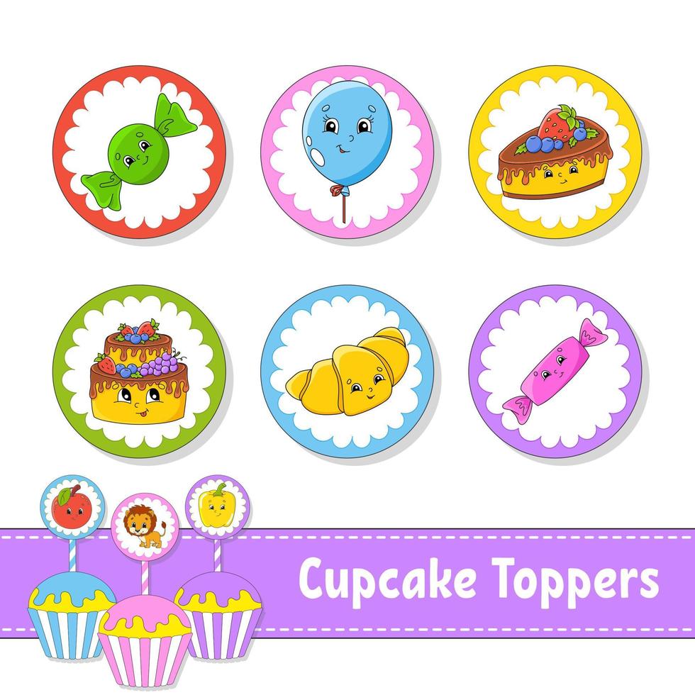 cupcake toppers. uppsättning av sex runda bilder. seriefigurer. söt bild. för födelsedag, fest, baby shower. vektor