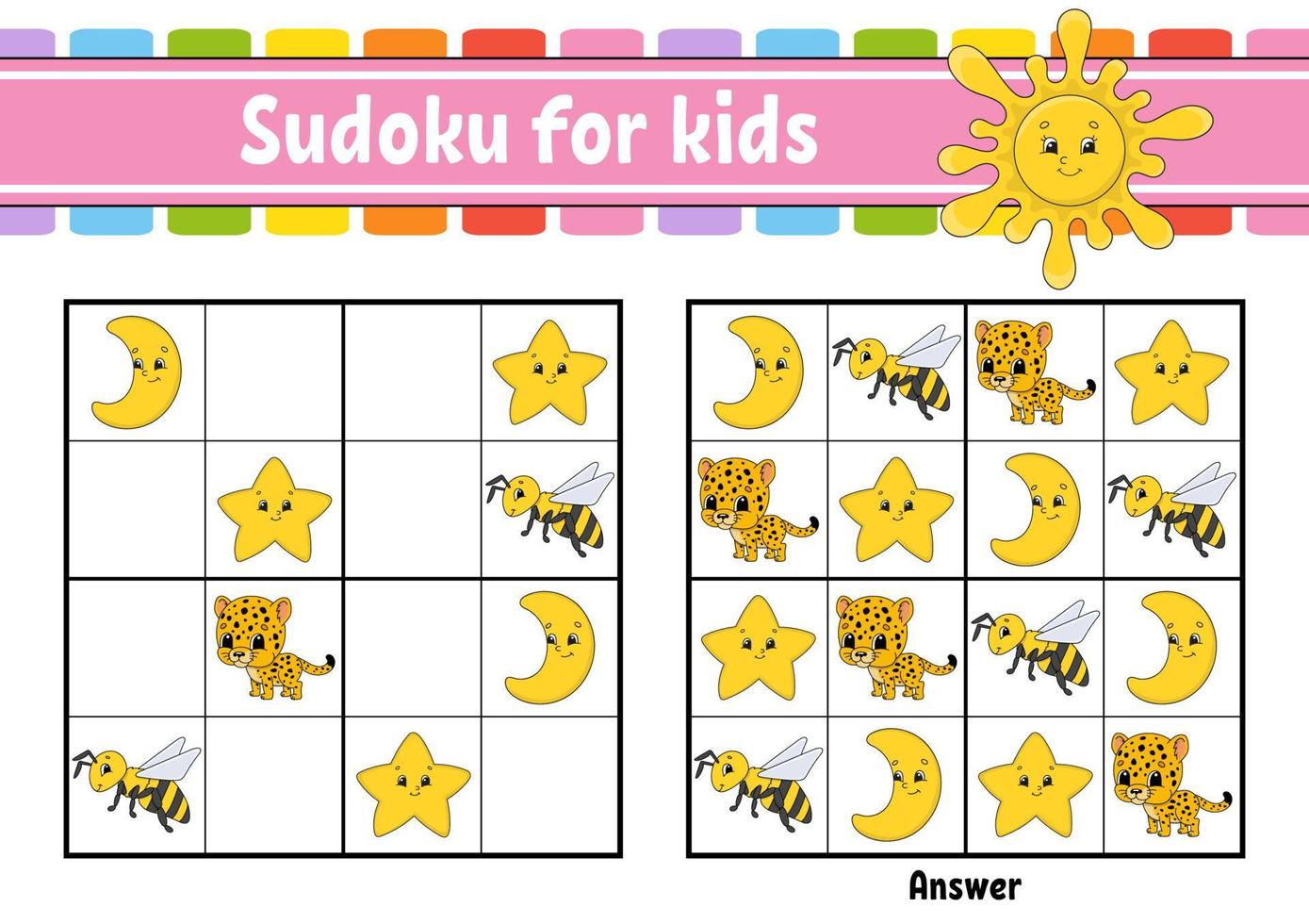 Sudoku für Kinder. Arbeitsblatt zur Bildungsentwicklung. Aktivitätsseite mit Bildern. Puzzle-Spiel für Kinder. logisches Denken trainieren. isolierte Vektor-Illustration. lustiger Charakter. Cartoon-Stil. vektor