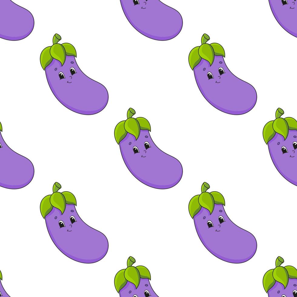 glad aubergine. färgat sömlöst mönster med söt seriefigur. enkel platt vektor illustration isolerad på vit bakgrund. designa tapeter, tyg, omslagspapper, omslag, webbplatser.