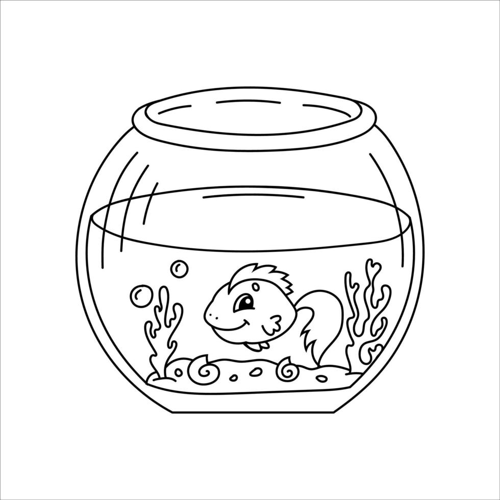 akvarium med fisk. målarbok för barn. tecknad stil. vektor illustration isolerad på vit bakgrund.