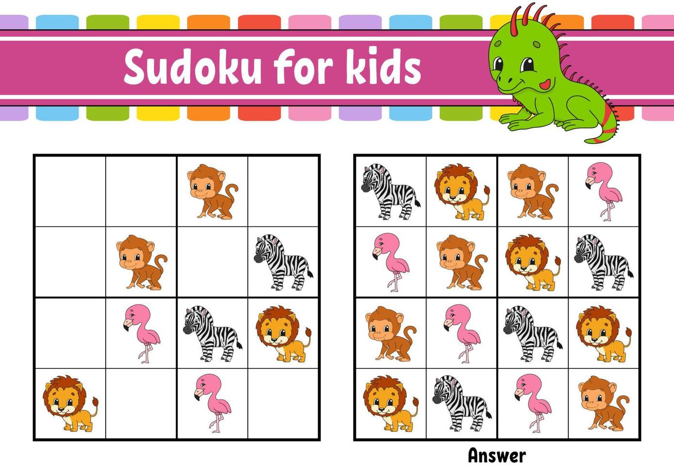 Sudoku für Kinder. Arbeitsblatt zur Bildungsentwicklung. Aktivitätsseite mit Bildern. Puzzle-Spiel für Kinder. logisches Denken trainieren. isolierte Vektor-Illustration. lustiger Charakter. Cartoon-Stil. vektor