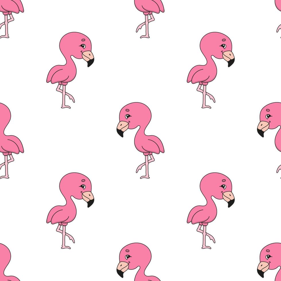 glücklicher Flamingo. farbiges nahtloses Muster mit niedlicher Zeichentrickfigur. einfache flache Vektorillustration lokalisiert auf weißem Hintergrund. Designtapeten, Stoffe, Geschenkpapier, Cover, Websites. vektor