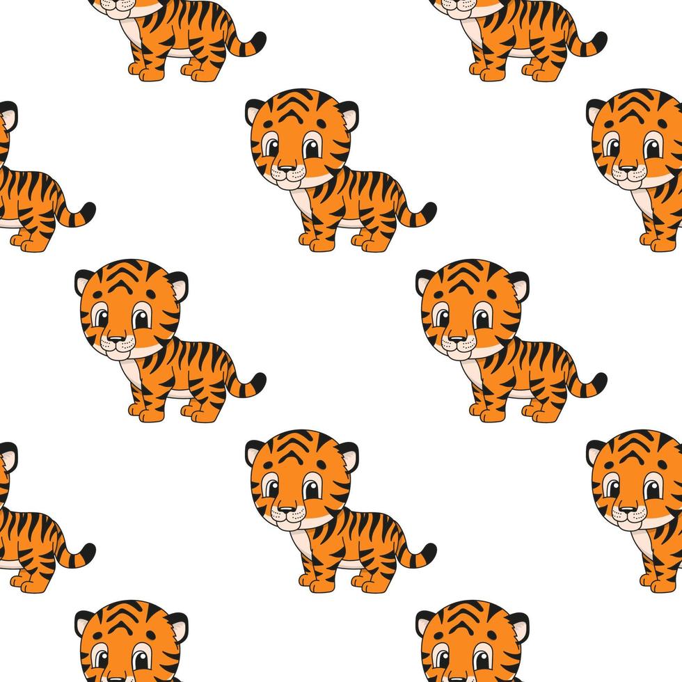 glad tiger. färgat sömlöst mönster med söt seriefigur. enkel platt vektorillustration isolerad på vit bakgrund. design tapeter, tyg, omslagspapper, omslag, webbplatser. vektor