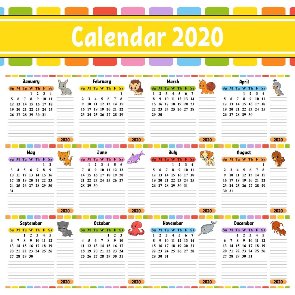 Kalender für 2020 mit einem süßen Charakter. Spaß und helles Design. isolierte Vektor-Illustration. Cartoon-Stil. vektor