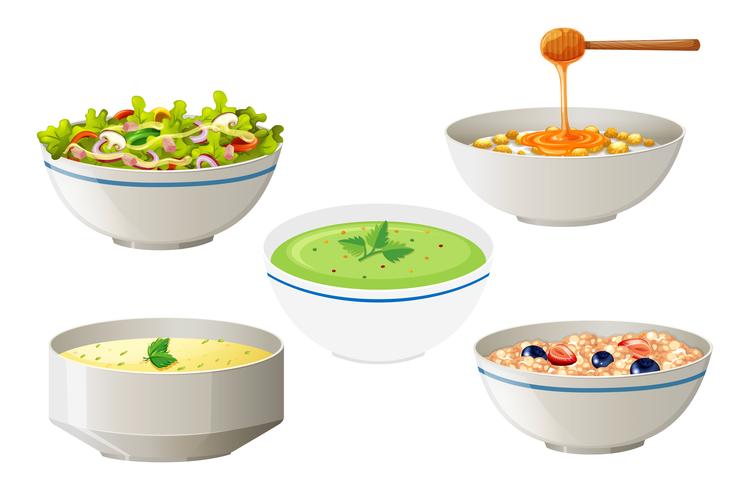 Salat und Suppen in weißen Schüsseln vektor