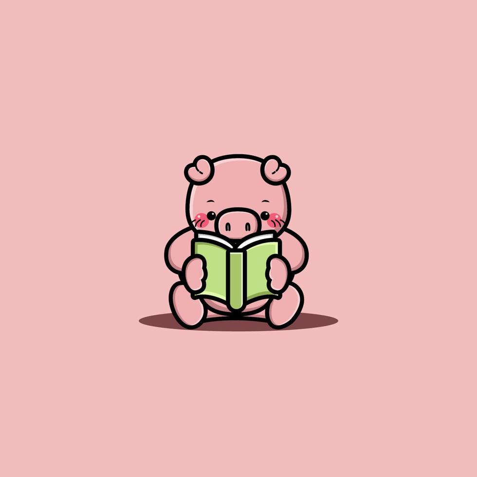 söt gris läsning bok tecknad ikon illustration vektor