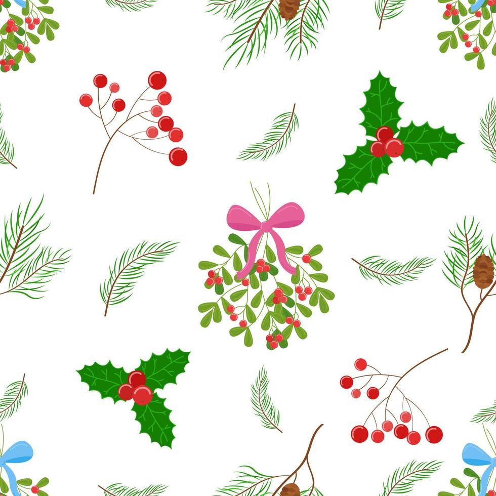 Weihnachten Pflanzen Vektormuster. florale Dekorelemente auf weißem Hintergrund. nahtlose Urlaubskulisse mit Mistel, Tannenzweig, Stechpalme, Zweig mit Beeren. vektor