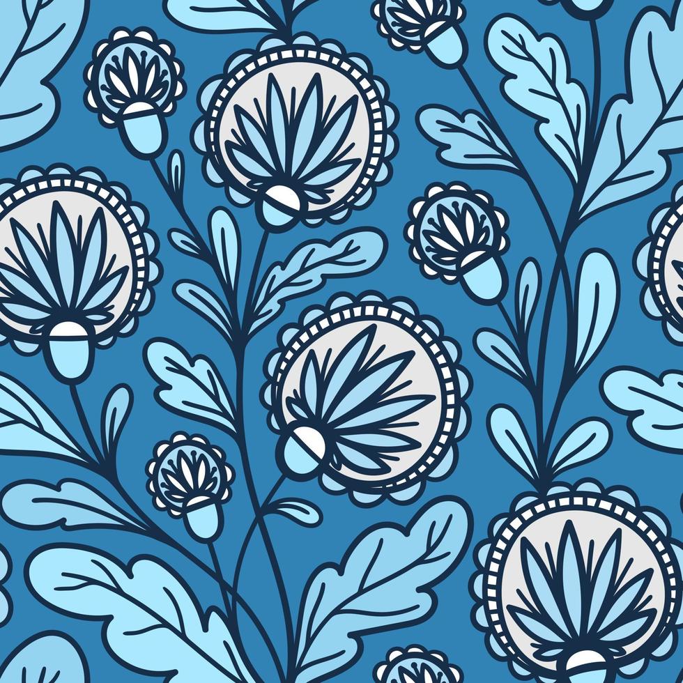 blauer Vektor nahtloser Hintergrund mit weißen runden Blumen weben