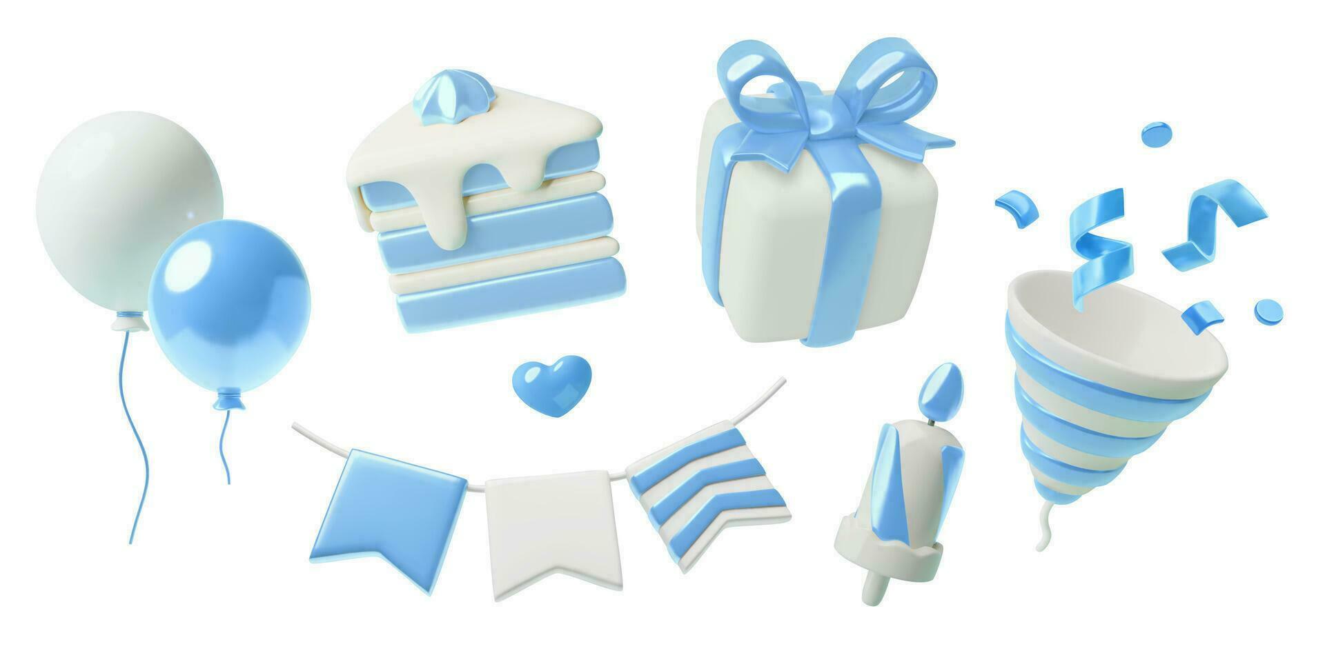 3d födelsedag blå fest dekorationer uppsättning realistisk tre dimensionell kaka ballong gåva låda flaggväv vektor