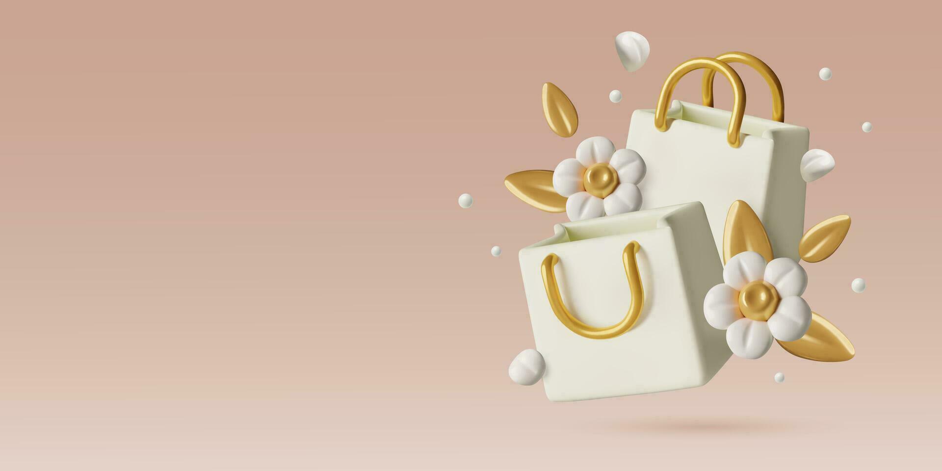 3d Frühling Verkauf Banner mit Einkaufen Taschen Weiß Blume und Gold Blätter auf Pfirsich Flaum Schatten Hintergrund vektor