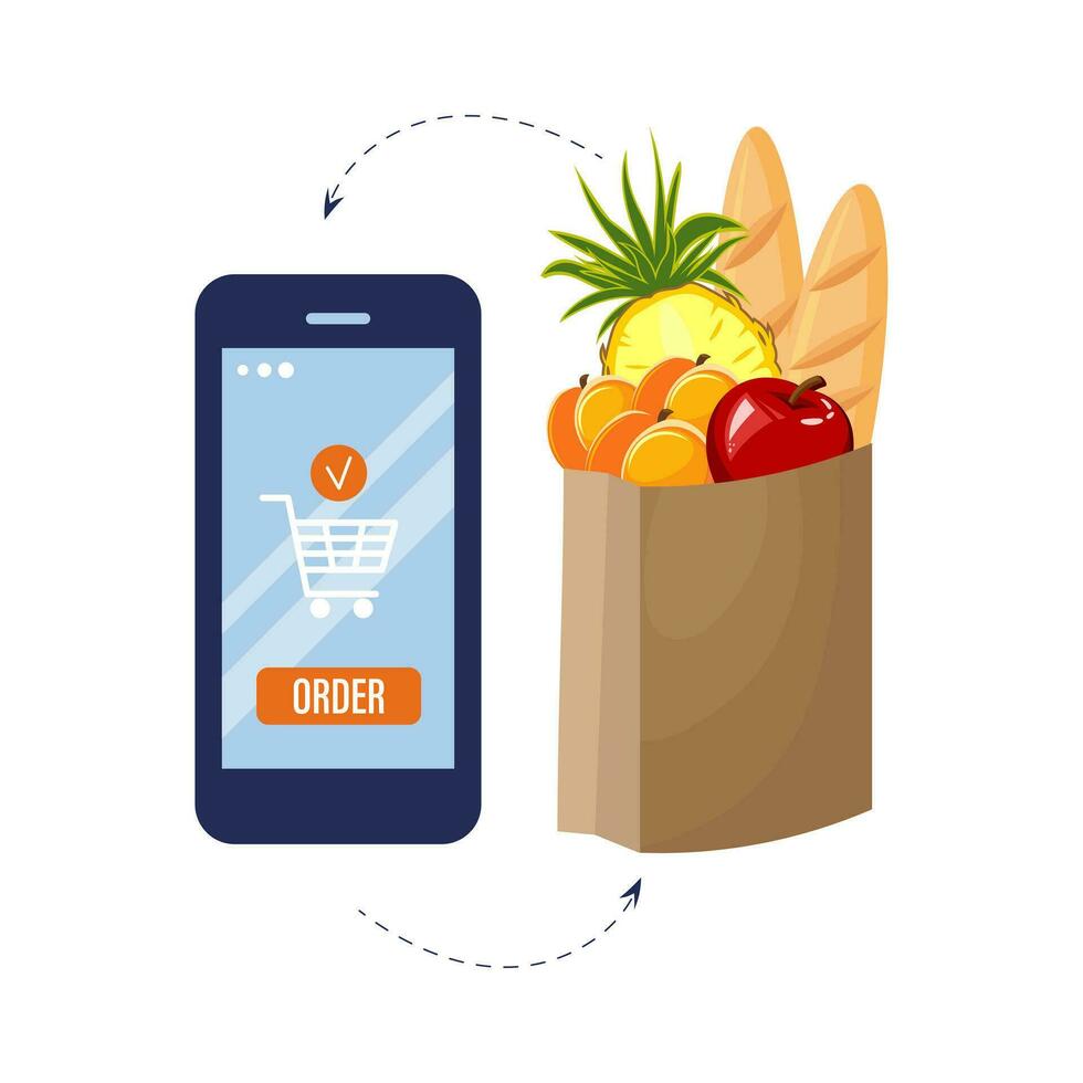 online Lieferung, Handy, Mobiltelefon Telefon und Lebensmittelgeschäft Tasche. Bedienung Konzept. Illustration, Vektor