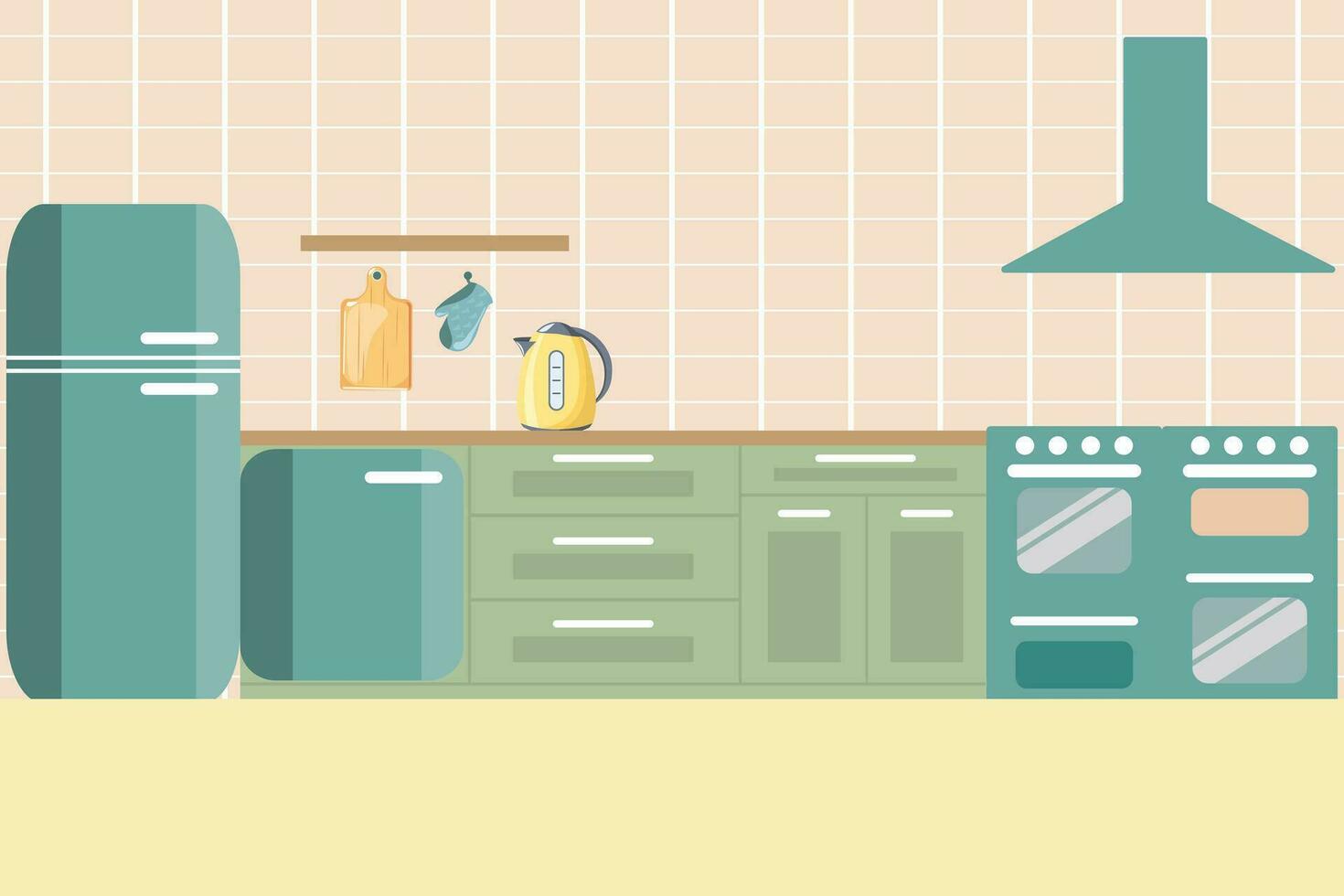 Küche Innere mit Schränke und Küche Haushaltsgeräte. eben Innere im minimal Stil, Vektor