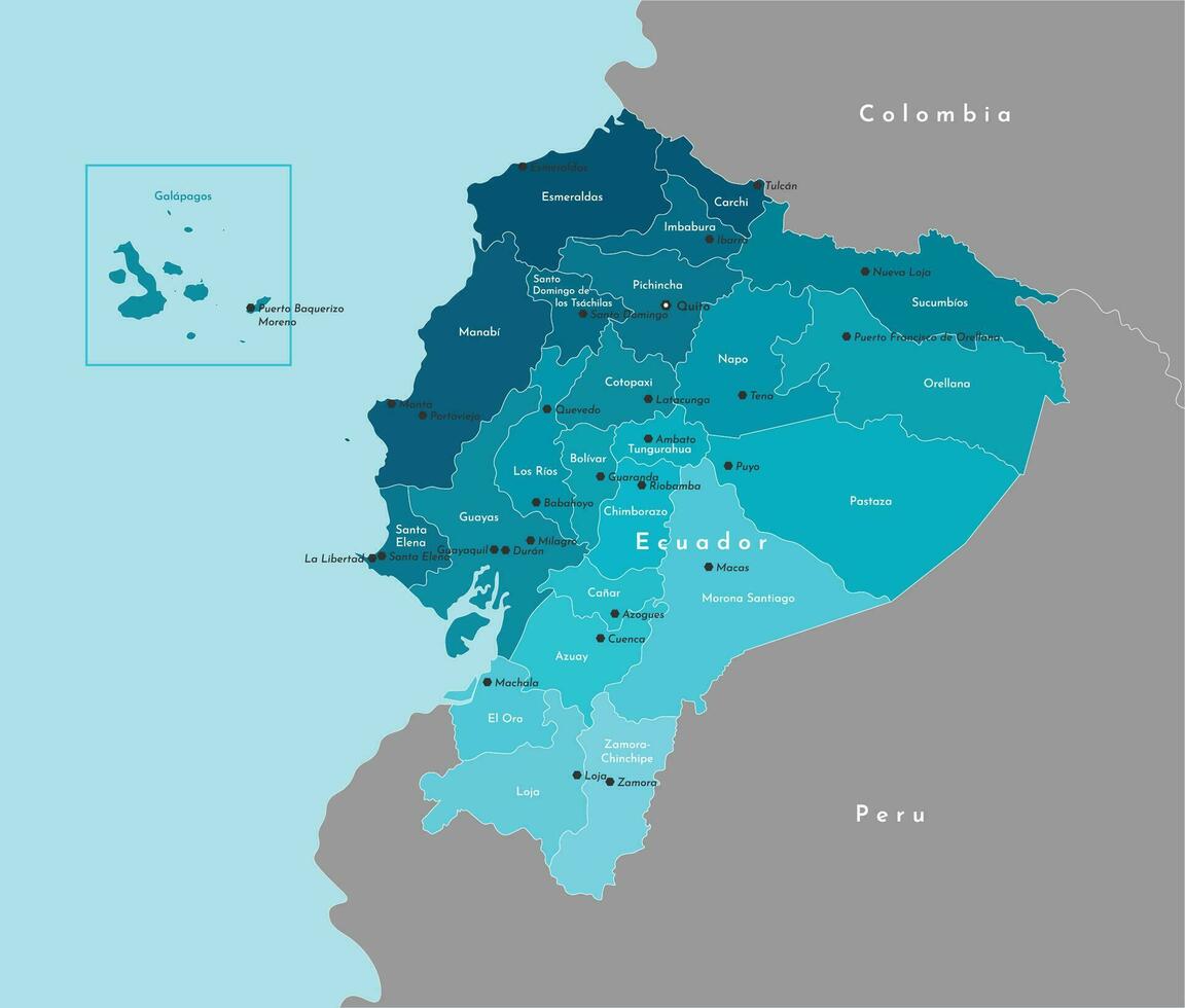 Vektor modern Illustration. vereinfacht administrative Karte von Ecuador und Rand mit benachbart Länder. Blau Hintergrund von Pazifik Ozean. Namen von ecuadorianisch Städte und Provinzen.