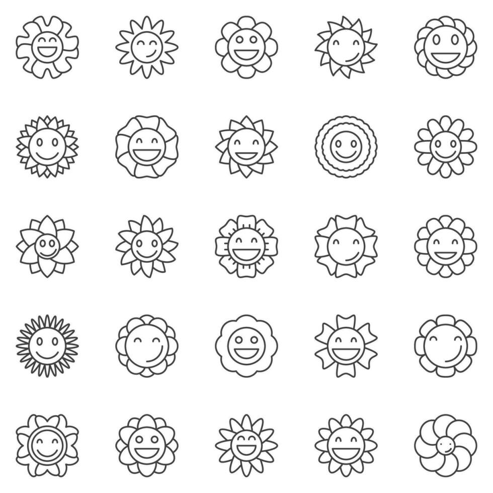 häftig blommor översikt ikoner uppsättning - retro rolig blomma med leende ansikte linje symboler vektor