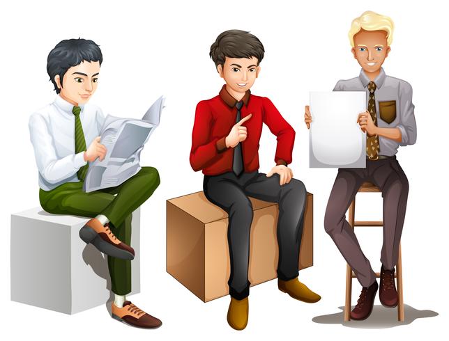 Drei Männer sitzen beim Lesen, Reden und Halten eines leeren Brettes vektor
