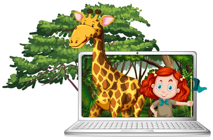 Flicka och giraff på datorskärmen vektor