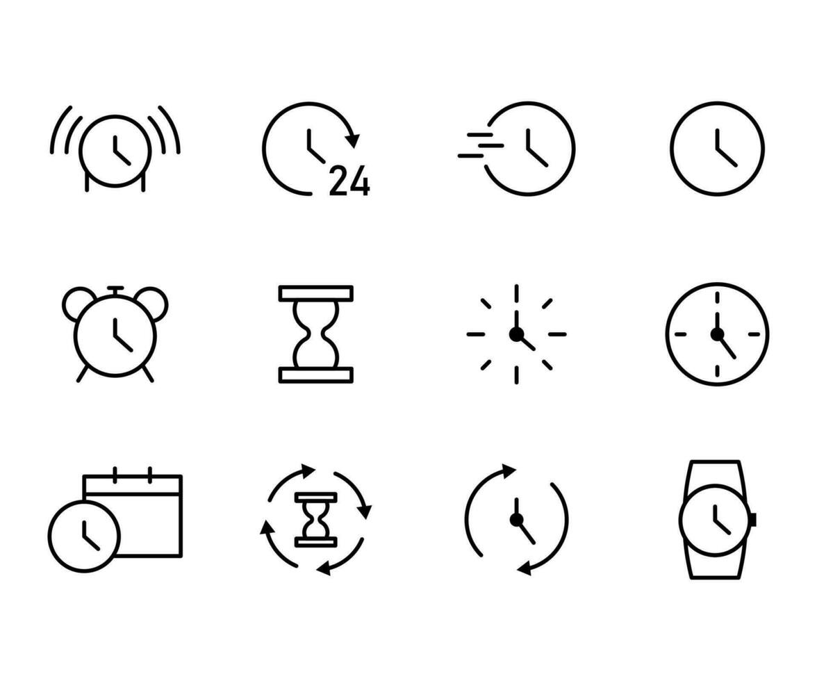 Vektor schwarz Linie Symbol einstellen Zeit. Gliederung Symbol Illustration Uhr Geschäft isoliert Weiß. dünn einfach Frist Stunde und Timer Ausrüstung. Bedienung Zeitplan Erfolg Symbol