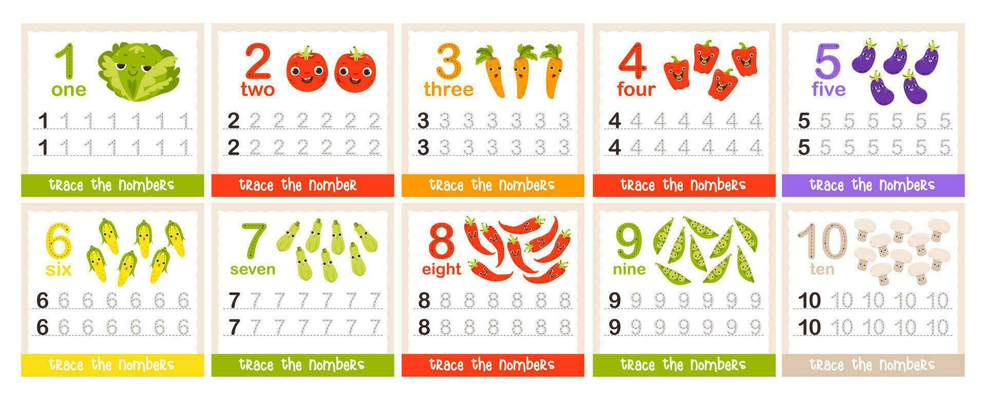 Nummer Lernen Karteikarten mit süß Gemüse. Anzahl und Spur von Zahlen. Kinder lehrreich Spiel. Vektor Illustration