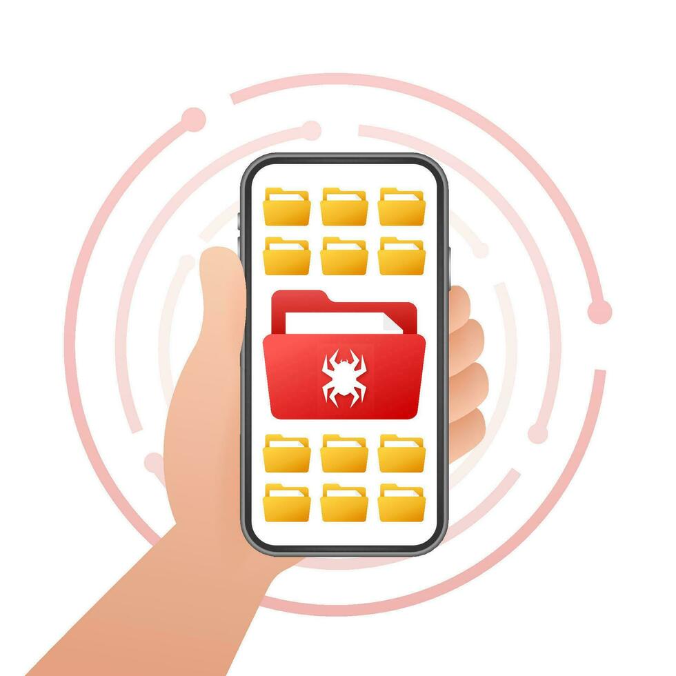 Vektor Illustration von ein Hand halten ein Smartphone Anzeigen ein Mappe infiziert durch Malware, Konzept zum Internet-Sicherheit und Daten Schutz